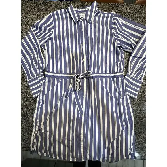 Free Assembly Women’s Long Sleeve Button Up Tie Waist Striped Shirt Dress Medium - Picture 2 of 5